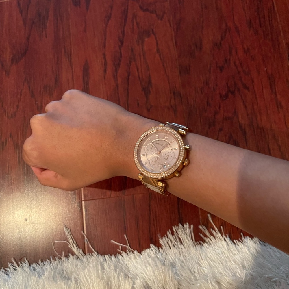 Michael Kors Rose Gold Watch with stones around the bezel